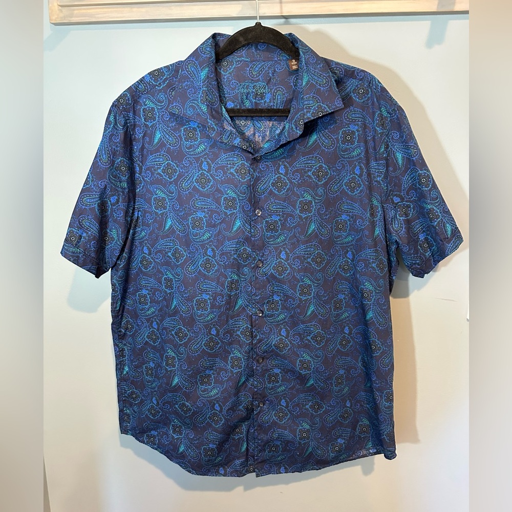 Tasso Elba Mens Medallion Button Up Shirt, Blue